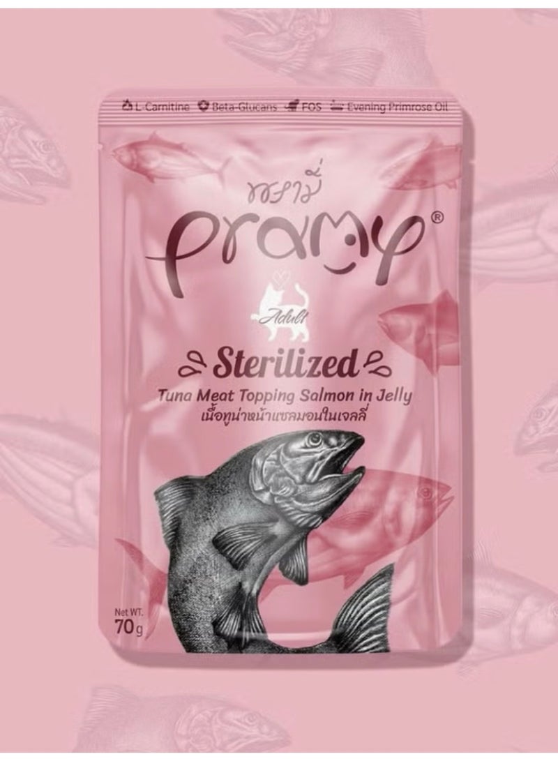 Pramy Tuna and Salmon Jelly Wet Cat Food for Sterile Cats - 6 70g envelopes - Fortified with L-Carnitine, Beta Glucan, and Primrose Oil for Weight Management and Public Health - Luxury Wet Food for Sterile Cats - Image 2